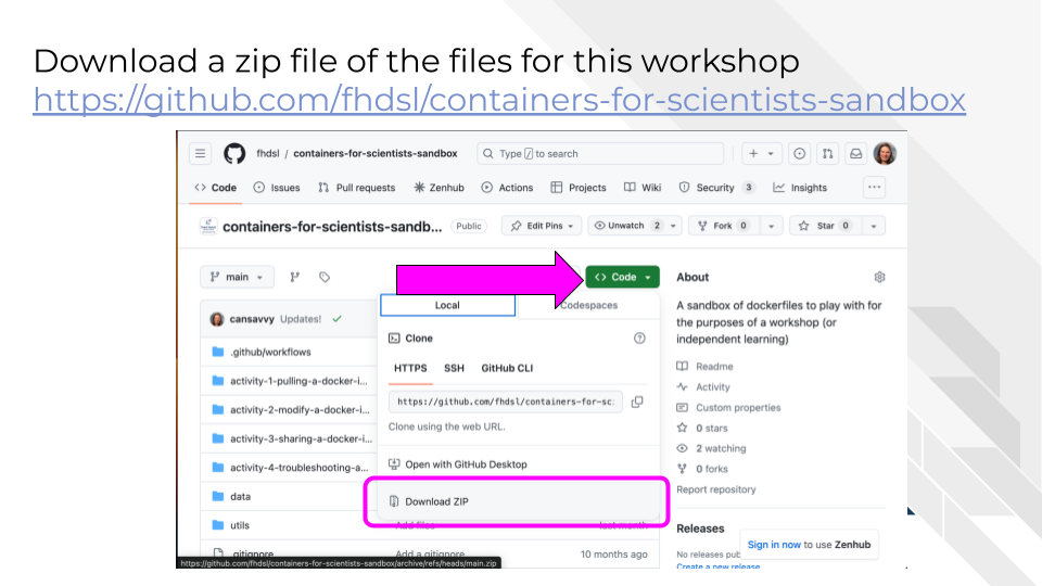 Download a zip file of the files for this workshop https://github.com/fhdsl/containers-for-scientists-sandbox and clicking the download zip file button