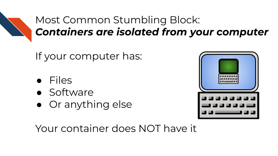 Most Common Stumbling Block: Containers are isolated from your computer If your computer has: Files Software Or anything else Your container does NOT have it