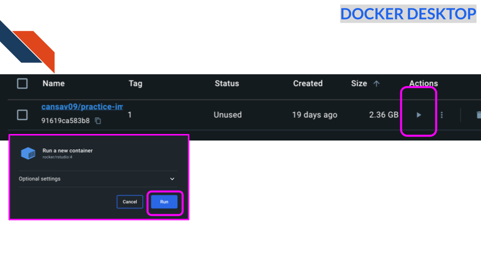 A similar image to before but now we are showing that docker run turns images into containers. Where an image is A snapshot of an environment that’s easily shareable and a container is An environment we can run stuff in